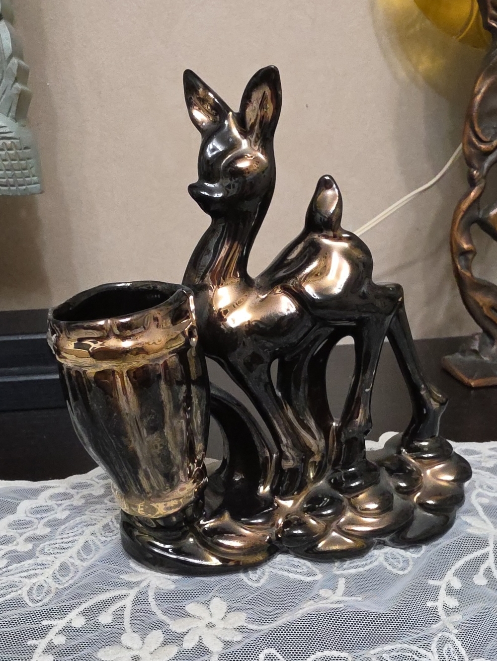 Glossy Black and Gold Ceramic Deer Vase Accent